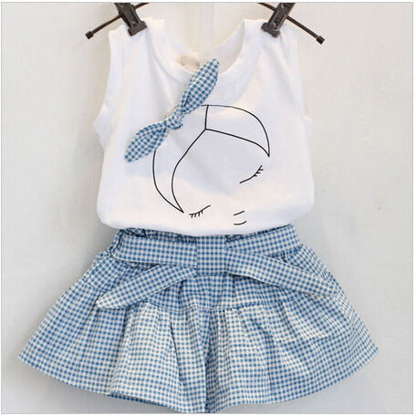 Girls’ Cartoon Bow Clothes Set – Short Sleeve Shirt & Skirt
