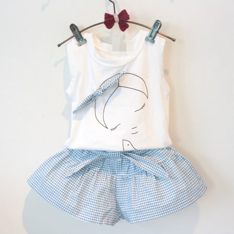 Girls’ Cartoon Bow Clothes Set – Short Sleeve Shirt & Skirt
